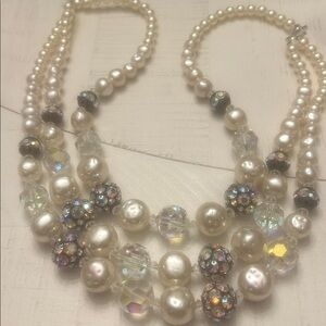 Vintage Faux Pearl Necklace: Aurora Borealis Crystal Rhinestone Beads